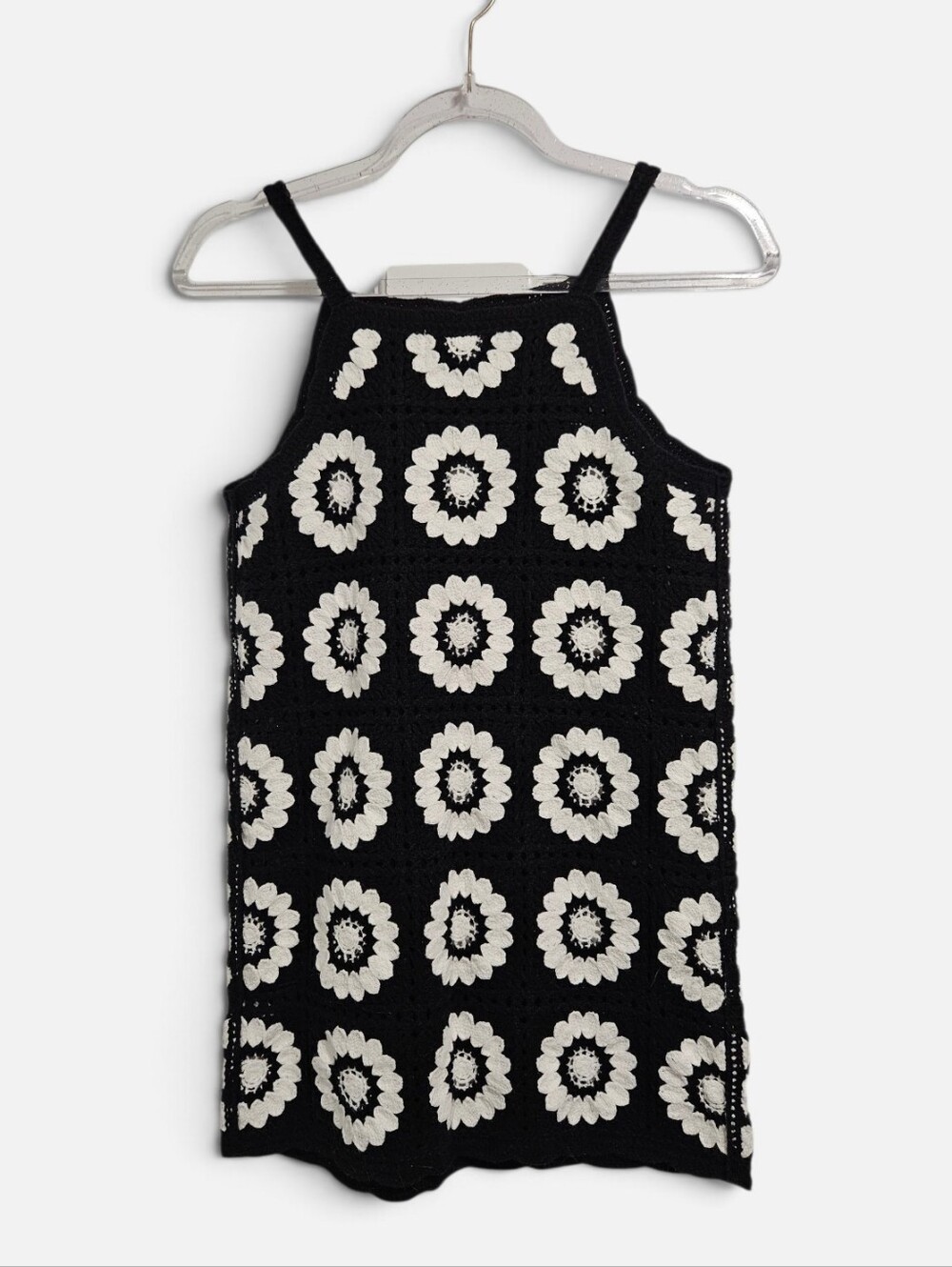 Black White Crochet Granny Square Tank Top Boho Floral Kids Girls Size Large